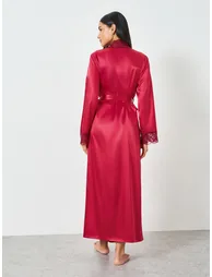 Red Lace Trim Long Sleeve Robe - 3