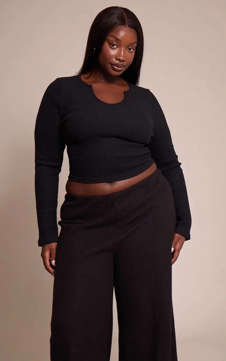 Plus Black Soft Touch Rib Round Neck Long Sleeve Top - 5