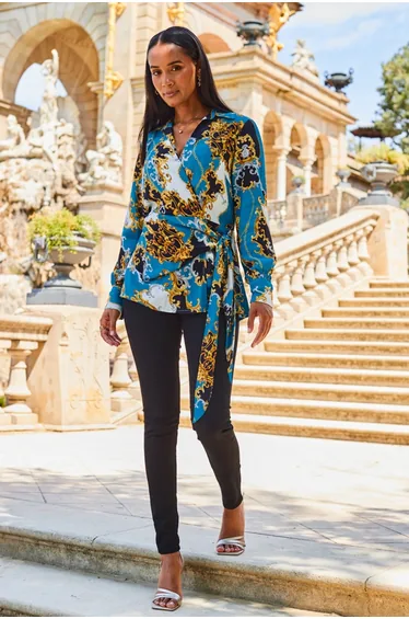 Teal Multi Print Wrap Front Top