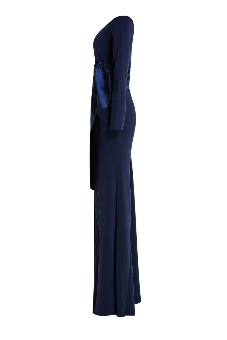 Solid Bow Long Sleeve Off-Shoulder Maxi Dress - 2