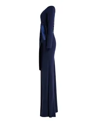 Solid Bow Long Sleeve Off-Shoulder Maxi Dress - 2