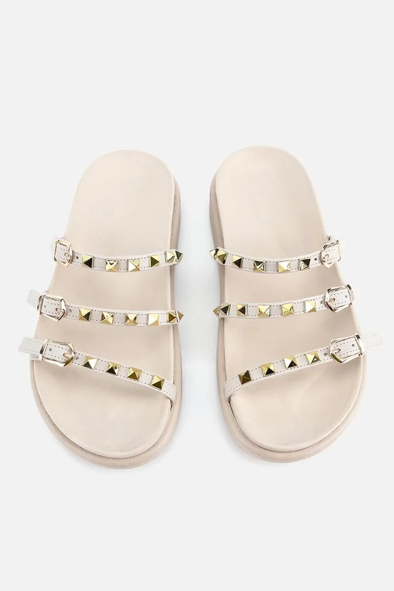 Woman's beige gold Buckled striped thick sole Slipper - 5