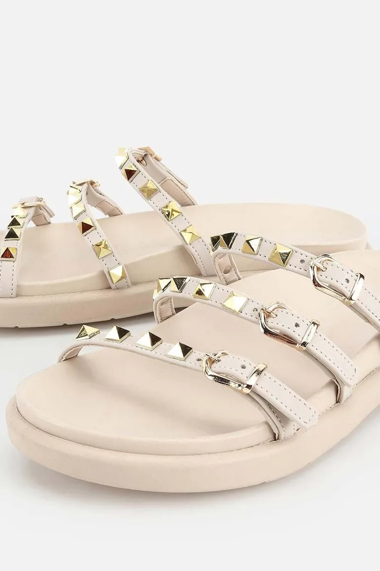 Woman's beige gold Buckled striped thick sole Slipper - 2