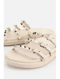 Woman's beige gold Buckled striped thick sole Slipper - 2