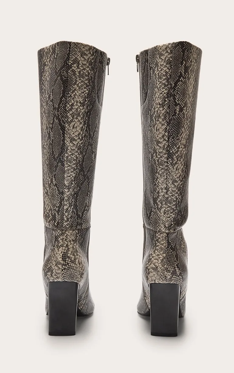 Snake Pu Point Toe Thin Block High Heel Knee High Boots - 3