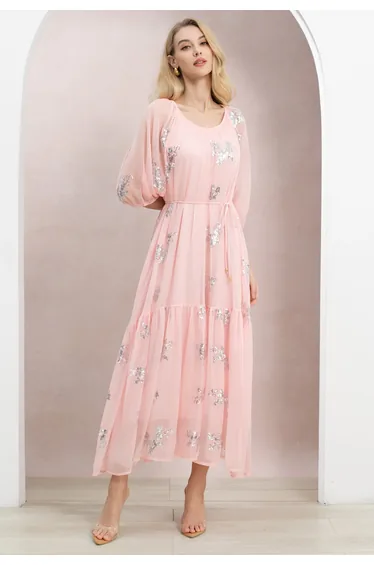 Sequin Floral Elbow Sleeve Chiffon Dress in Pink for Wedding Guests & Romantic Date Nights