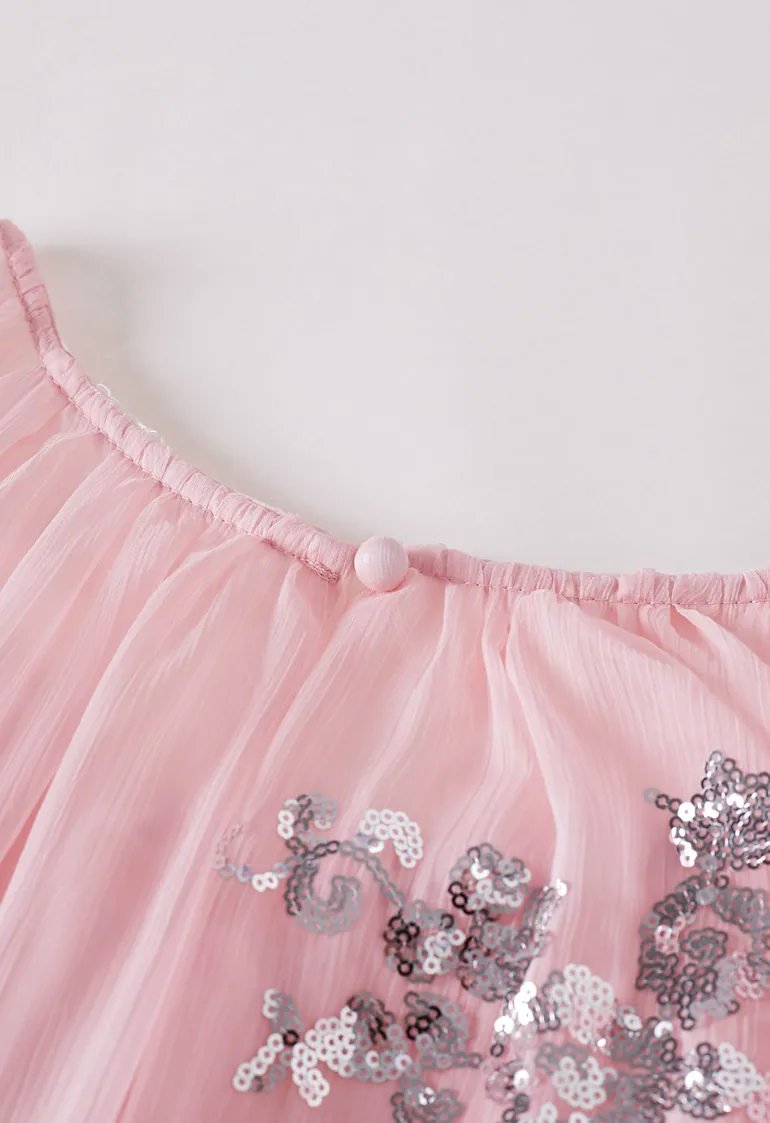 Sequin Floral Elbow Sleeve Chiffon Dress in Pink for Wedding Guests & Romantic Date Nights - 5