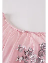 Sequin Floral Elbow Sleeve Chiffon Dress in Pink for Wedding Guests & Romantic Date Nights - 5