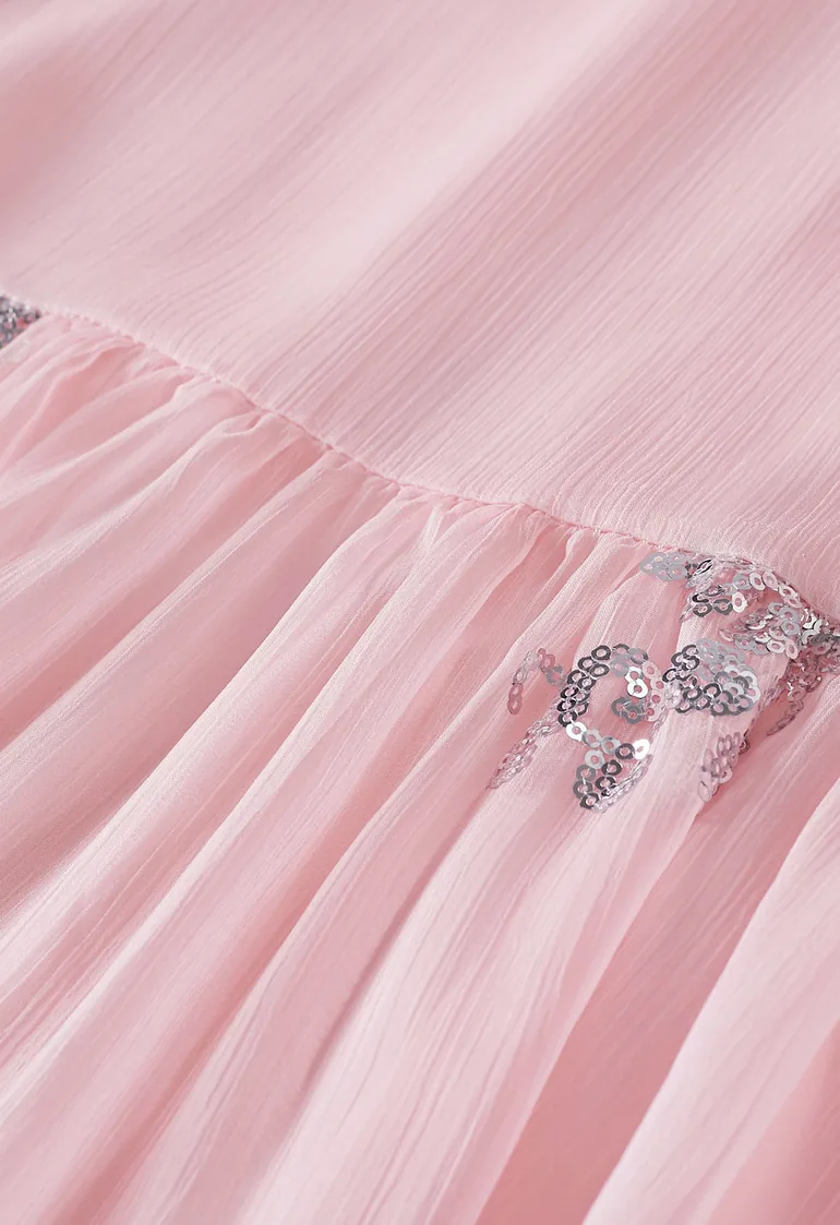 Sequin Floral Elbow Sleeve Chiffon Dress in Pink for Wedding Guests & Romantic Date Nights - 7