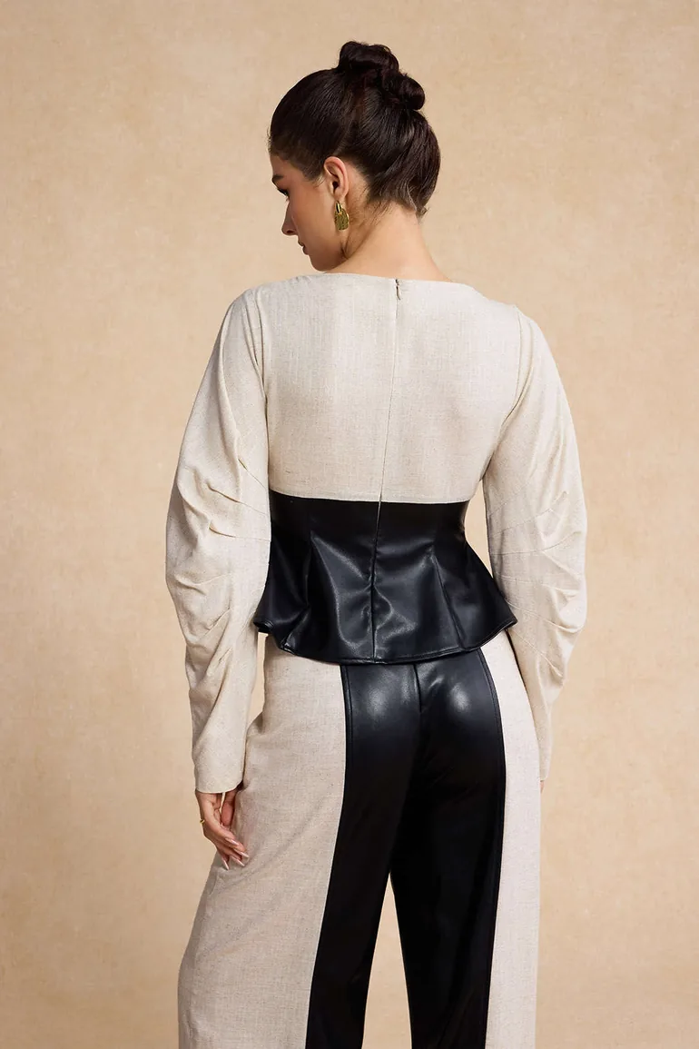 Linen Faux Leather Patchwork Long-Sleeve Shirt - 9