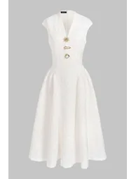 Jacquard V-Neck Metallic Button Ruched Maxi Dress - 4