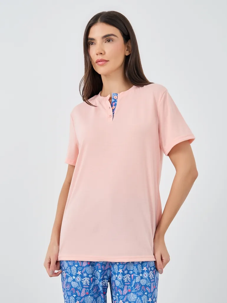 Solid Short Sleeve T-Shirt and Pyjama Set - 1