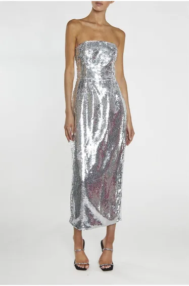 Paris Silver Sequin Bandeau Tailored Midaxi Dress