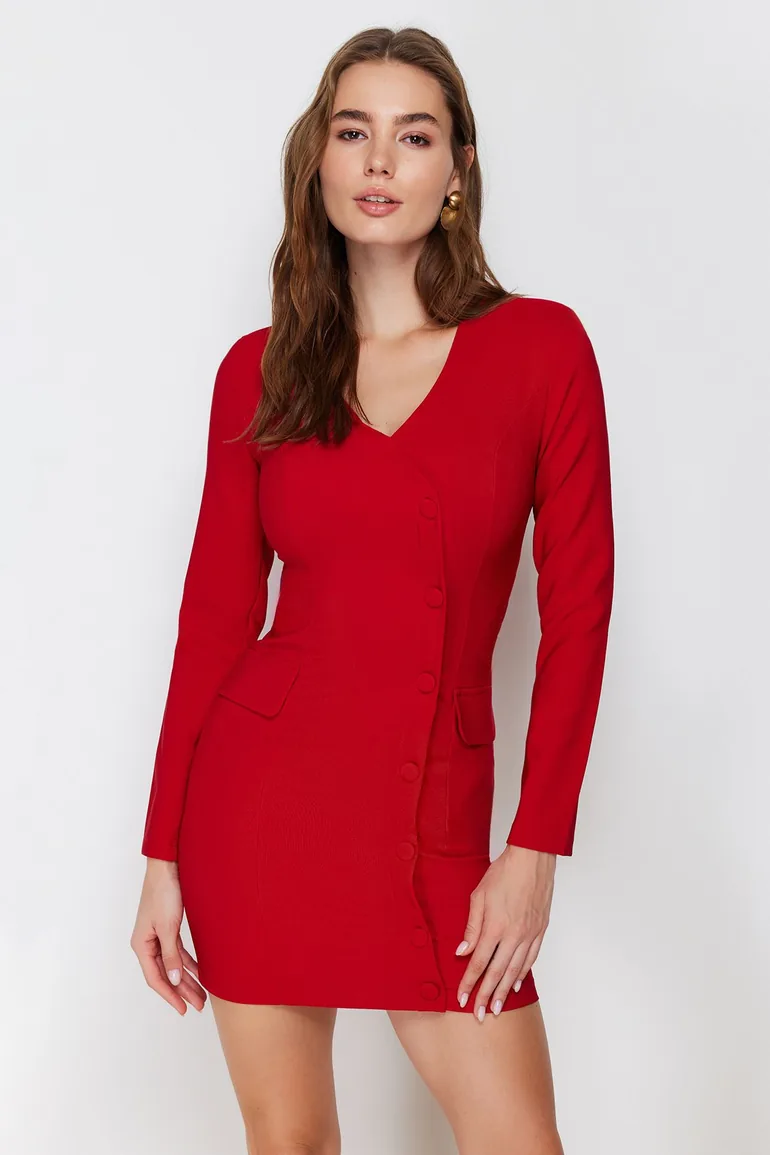 Red Column Mini Blazer Dress with Long Sleeves - 2