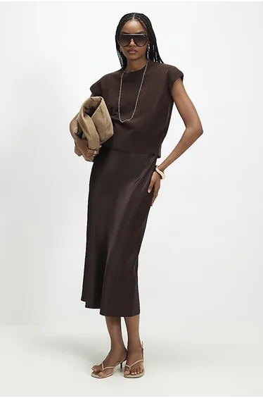Brown 2 In 1 Knit Tank Top Satin Midi Dress