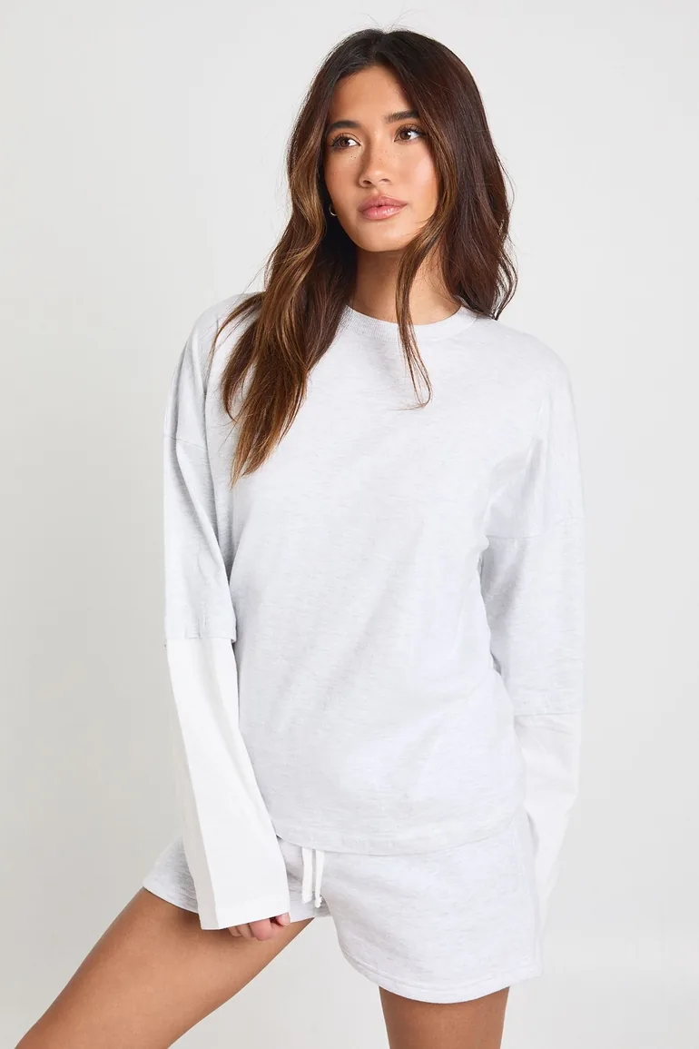 Double Layer Top And Contrast Drawcord Sweat Short Set - ash grey - 1