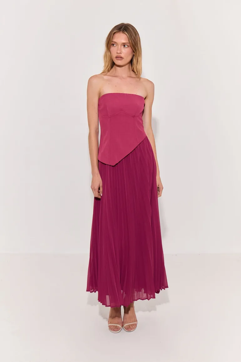 Bandeau Bodice Pleated Chiffon Midi Dress