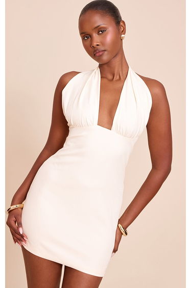 Cream Woven Tailored Plunge Halterneck Mini Dress