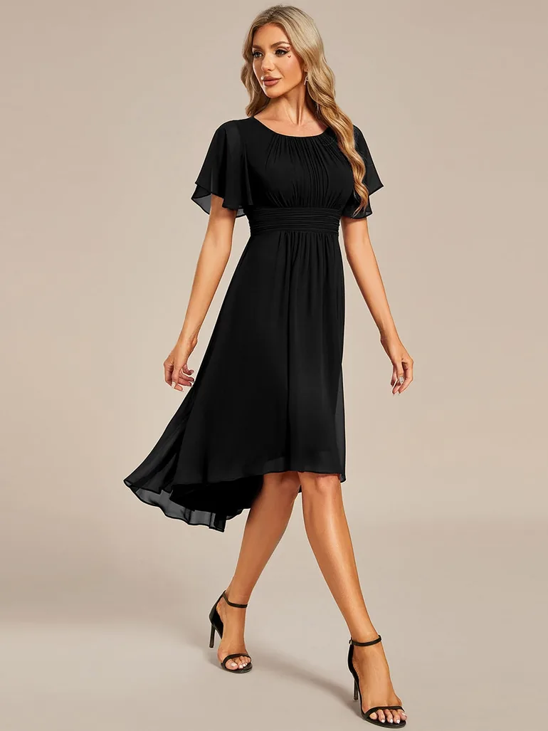 Short-Sleeve Ruffle Pleated Round-Neck A-Line High-Low Wedding Guest Dress - 2
