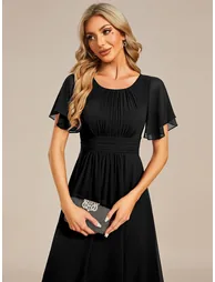 Short-Sleeve Ruffle Pleated Round-Neck A-Line High-Low Wedding Guest Dress - 4