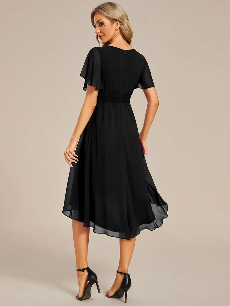 Short-Sleeve Ruffle Pleated Round-Neck A-Line High-Low Wedding Guest Dress - 1