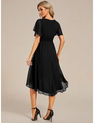 Short-Sleeve Ruffle Pleated Round-Neck A-Line High-Low Wedding Guest Dress - 1