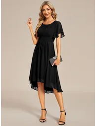 Short-Sleeve Ruffle Pleated Round-Neck A-Line High-Low Wedding Guest Dress - 3