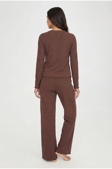Lettuce Hem Ribbed Long Sleeve Top & Trouser Pyjama Set - chocolate product thumbnail 2