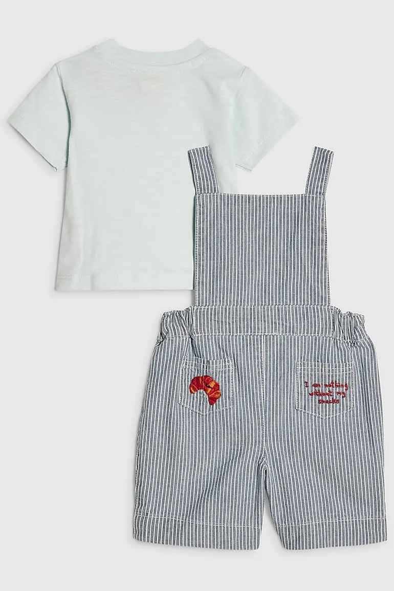 Baby Boys Blue Stripe Embroidery Dungaree Set - 1