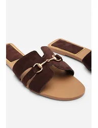 Dorina Embellished Wide Fit Dark Brown Suede Slide On Sandals - 5