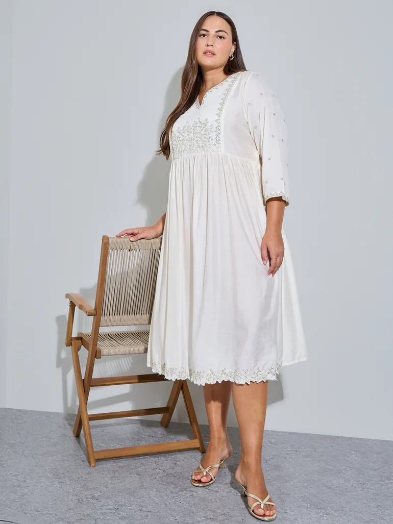 Plus Size Cream Embroidered A-Line Midi Dress