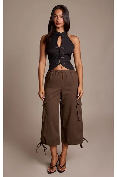Petite Dark Olive Elasticated Waist Twill Cropped Cargo Trousers