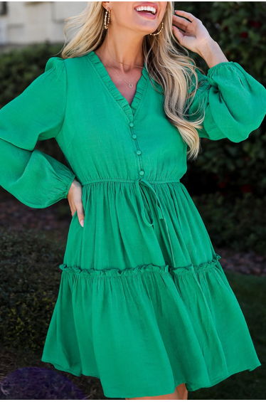 Lvness Green Frilly V Neck Puff Sleeve Drawstring Shift Mini Dress product thumbnail 2