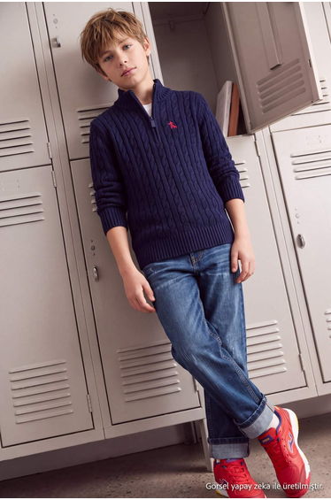 Navy Blue Boy's Stand Collar Zippered Embroidered Knit Sweater