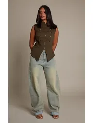 Shape Vintage Wash Highwaisted Graphic Print Denim Barrel Leg Turn Up Hem Jeans
