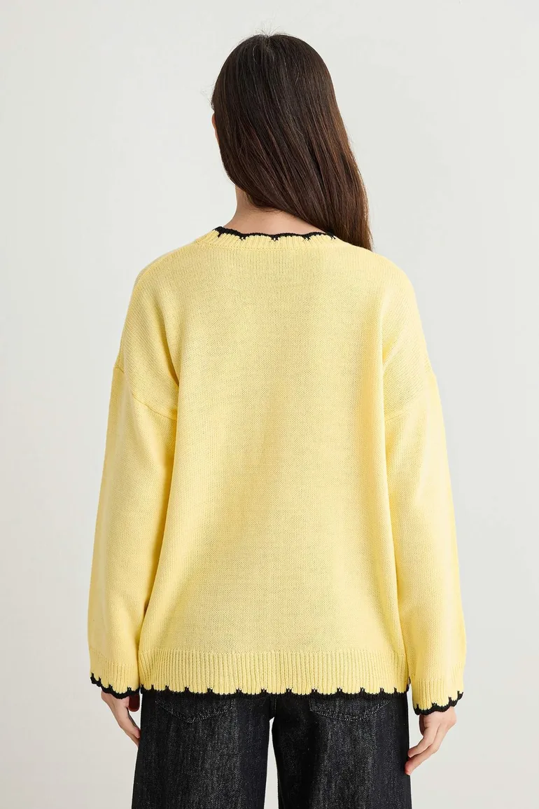 Yellow Wavy Contrast Collar Knitwear Sweater - 6