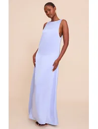 Blue Satin Boat Neck Sleeveless Maxi Dress
