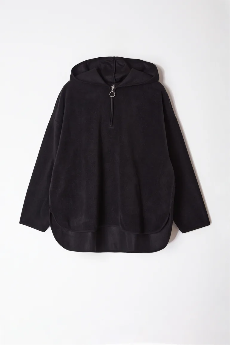 Black Thick Fleece Hooded and Zippered Oversize/Wide Fit Knitted Hoodie - 5