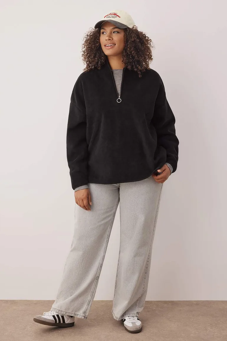 Black Thick Fleece Hooded and Zippered Oversize/Wide Fit Knitted Hoodie
