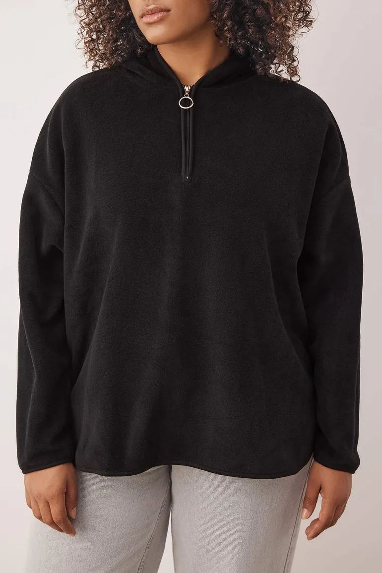 Black Thick Fleece Hooded and Zippered Oversize/Wide Fit Knitted Hoodie - 3