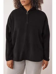 Black Thick Fleece Hooded and Zippered Oversize/Wide Fit Knitted Hoodie - 3