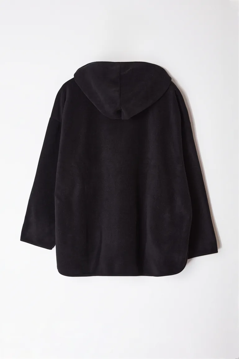 Black Thick Fleece Hooded and Zippered Oversize/Wide Fit Knitted Hoodie - 6