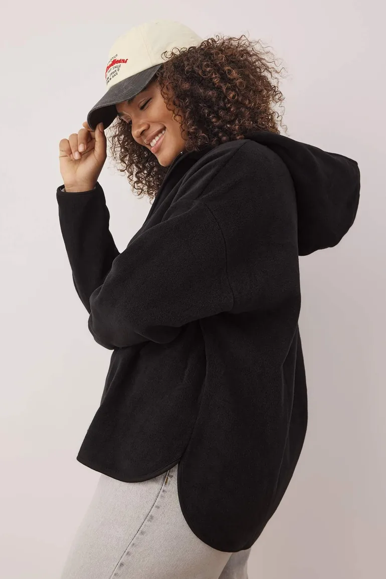 Black Thick Fleece Hooded and Zippered Oversize/Wide Fit Knitted Hoodie - 2
