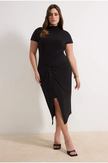 Black Mock Neck Knotted Detailed Midi Length Knitted Plus Size Dress