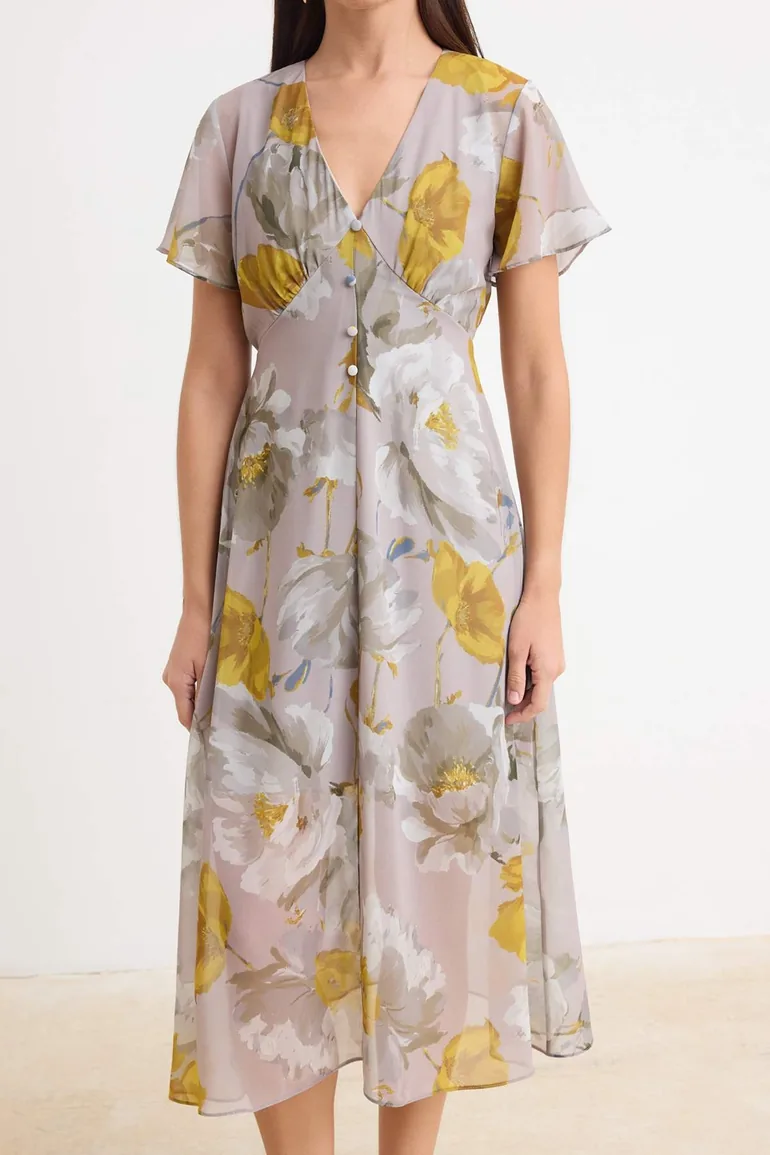 Multi-Colored Floral Pattern Chiffon Midi Woven Dress - 2