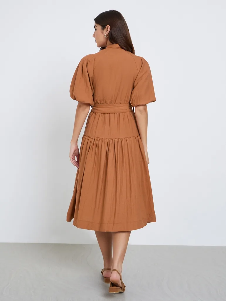 Rust Puff Sleeve Waist Tie Midi Dress - 3