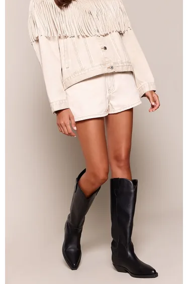 Black Faux Leather Western Flat Knee High Boots