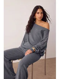 Anthracite Boat Neck Sweater-Pants Knitwear Set - Top and Bottom - 1