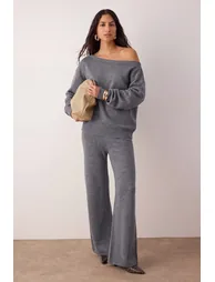 Anthracite Boat Neck Sweater-Pants Knitwear Set - Top and Bottom