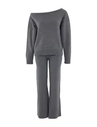 Anthracite Boat Neck Sweater-Pants Knitwear Set - Top and Bottom - 4